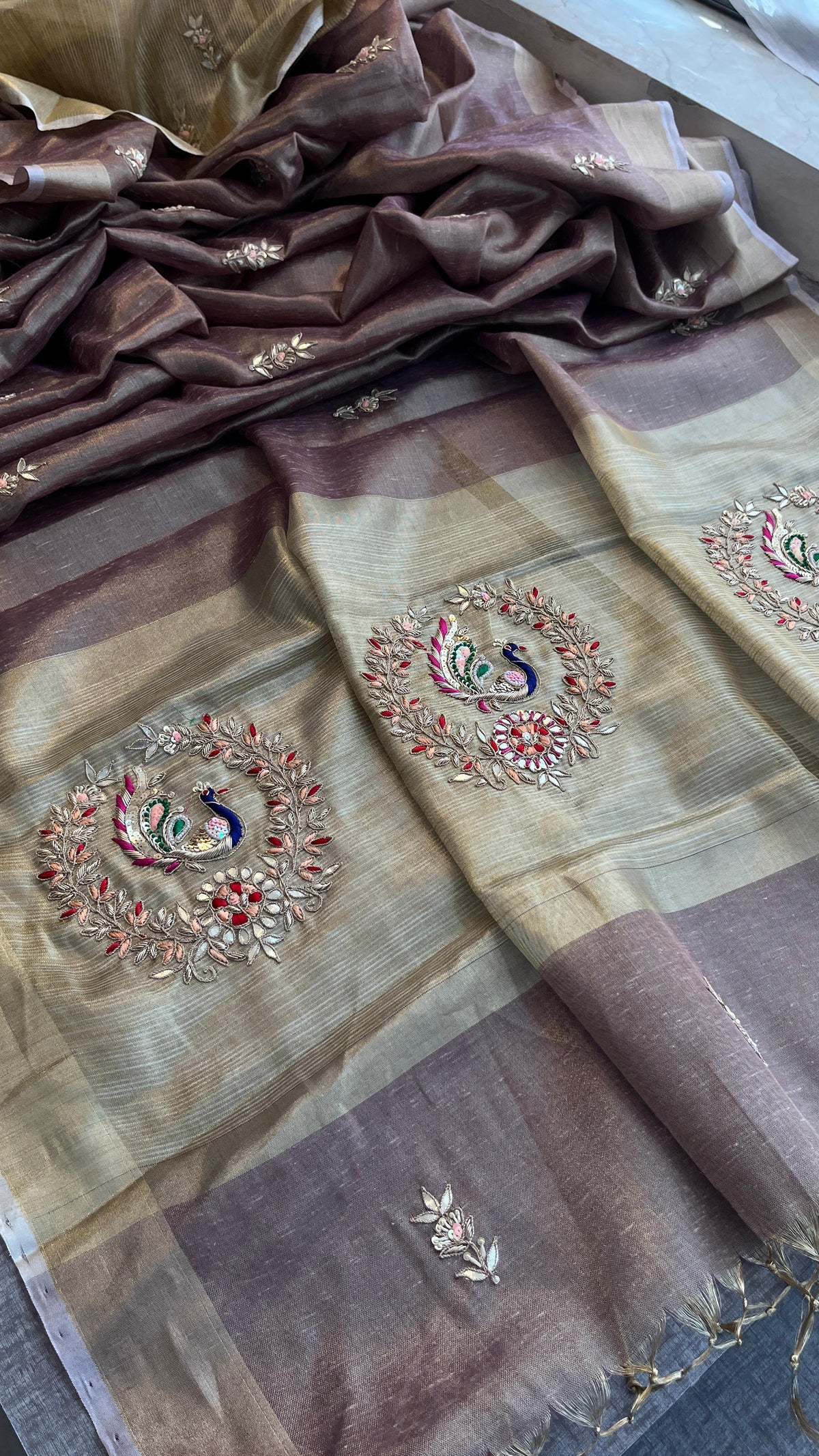 Tissue Linen Banarasi Silk Saree with Pearl & Resham Work