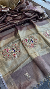 Tissue Linen Banarasi Silk Saree with Pearl & Resham Work