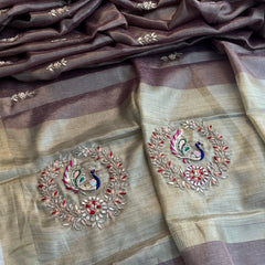 Tissue Linen Banarasi Silk Saree with Pearl & Resham Work