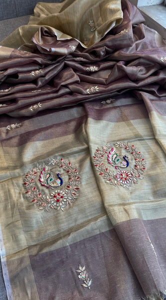 Tissue Linen Banarasi Silk Saree with Pearl & Resham Work