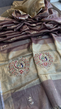 Tissue Linen Banarasi Silk Saree with Pearl & Resham Work