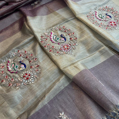 Tissue Linen Banarasi Silk Saree with Pearl & Resham Work