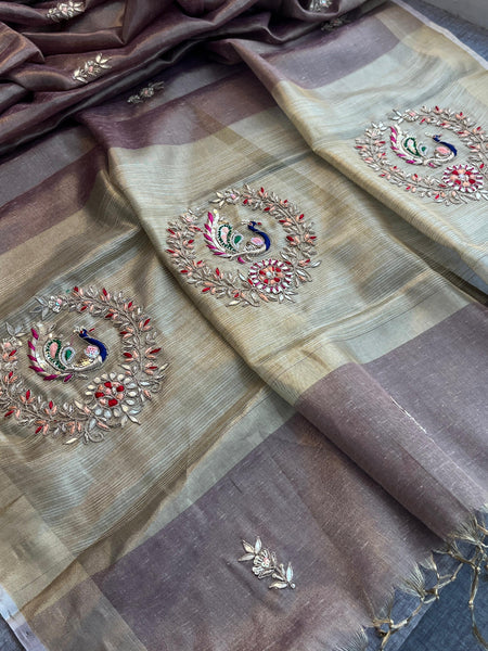 Tissue Linen Banarasi Silk Saree with Pearl & Resham Work