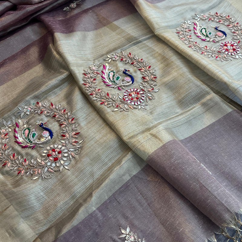 Tissue Linen Banarasi Silk Saree with Pearl & Resham Work