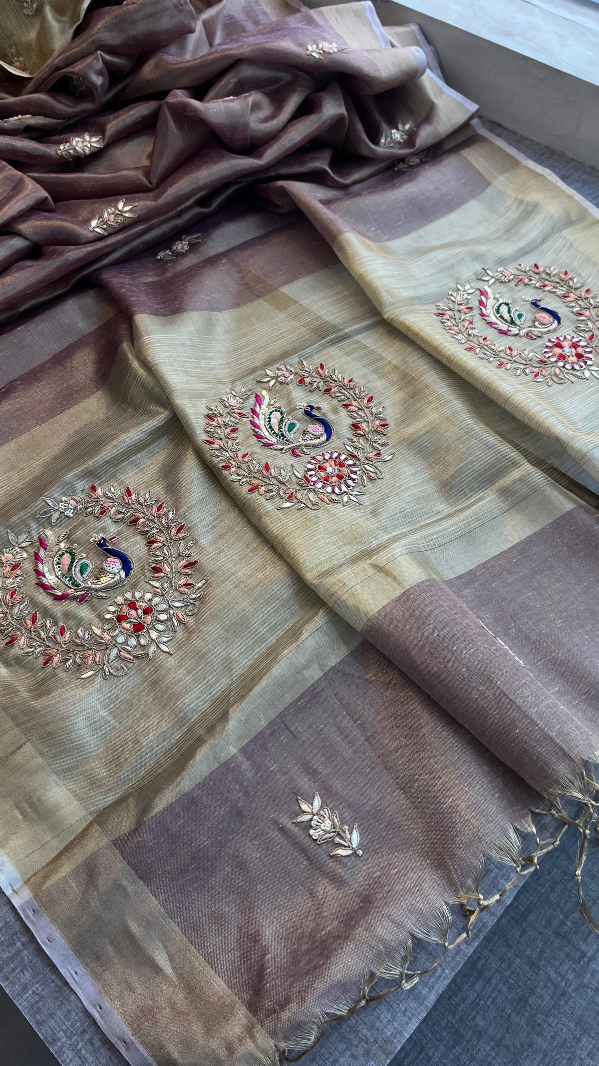 Tissue Linen Banarasi Silk Saree with Pearl & Resham Work