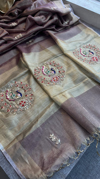 Tissue Linen Banarasi Silk Saree with Pearl & Resham Work