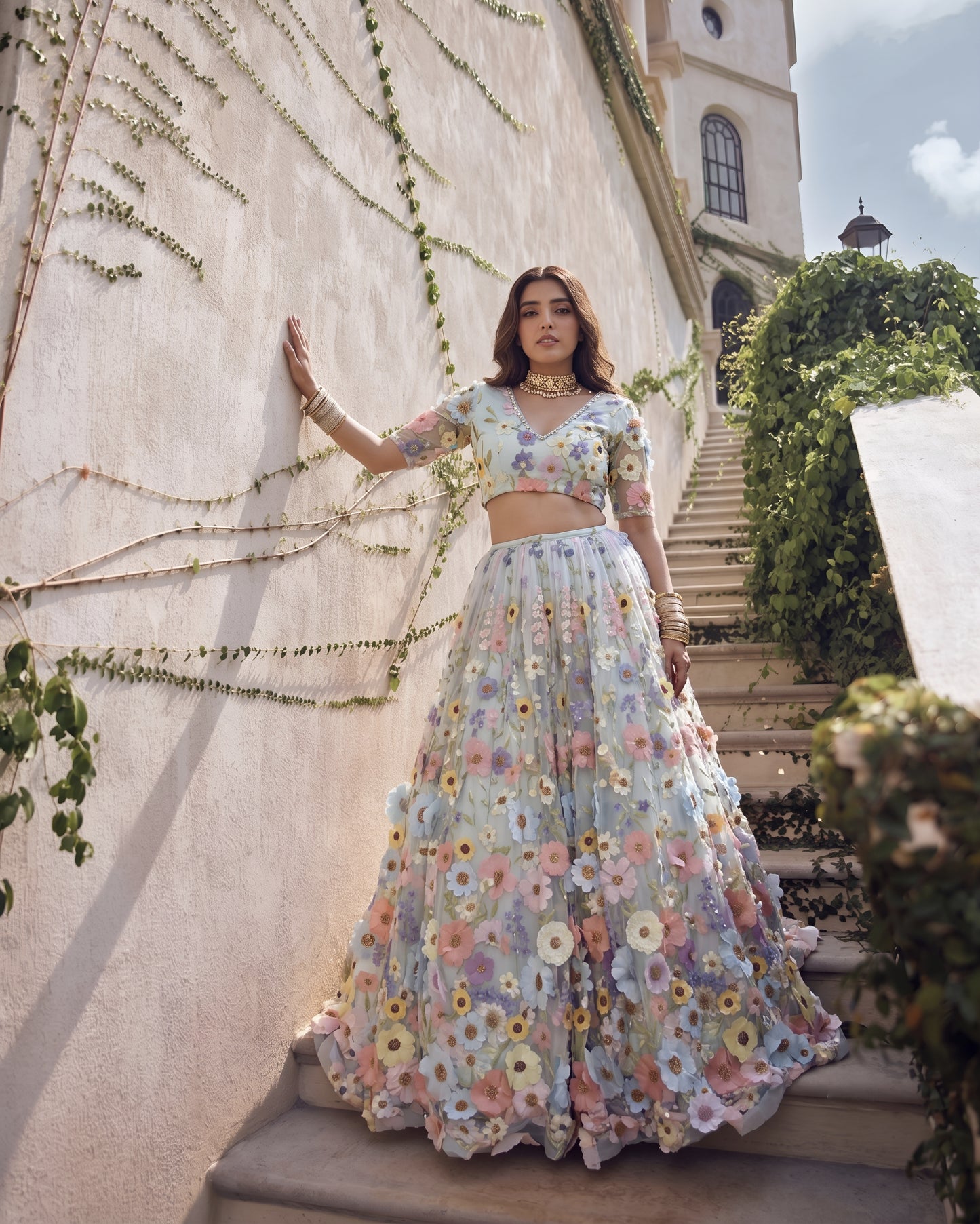 3D Floral Organza Embroidery On Soft Net Lehenga · 180 Artisan Hours of work · The Pushpanjali Edit