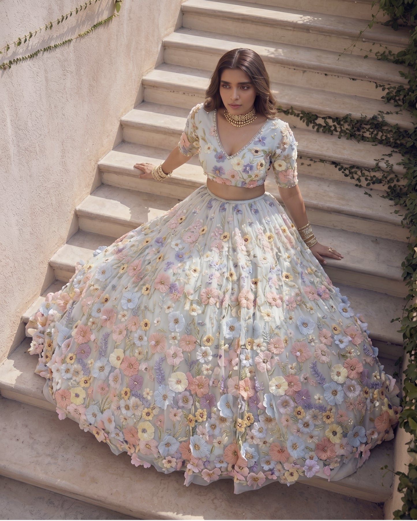 3D Floral Organza Embroidery On Soft Net Lehenga · 180 Artisan Hours of work · The Pushpanjali Edit