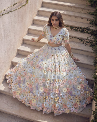 3D Floral Organza Embroidery On Soft Net Lehenga · 180 Artisan Hours of work · The Pushpanjali Edit