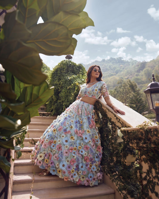 3D Floral Organza Embroidery On Soft Net Lehenga · 180 Artisan Hours of work · The Pushpanjali Edit