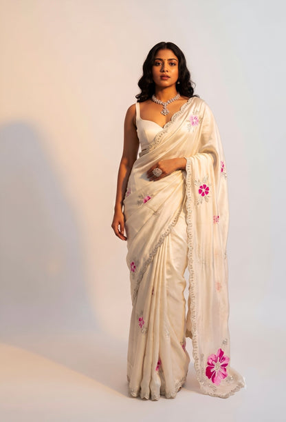 Appliqué, Kutdana & Pearl On Cosmo Munga Silk · 40 Artisan Hours of Work · The Gulmohar Petal Edit