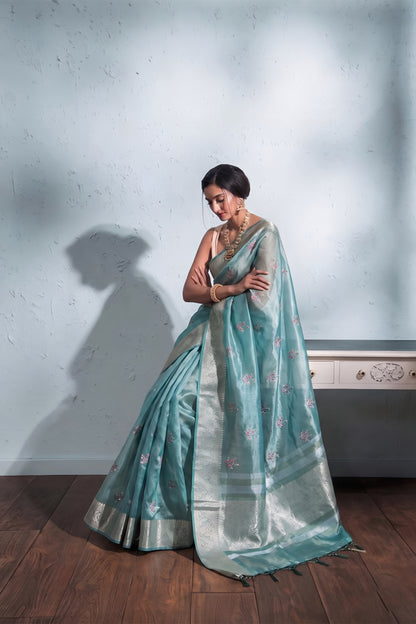 Multi-Thread Embroidery On Tissue Silk Banarasi · 16 Artisan Hours of work · The Rangriti Edit