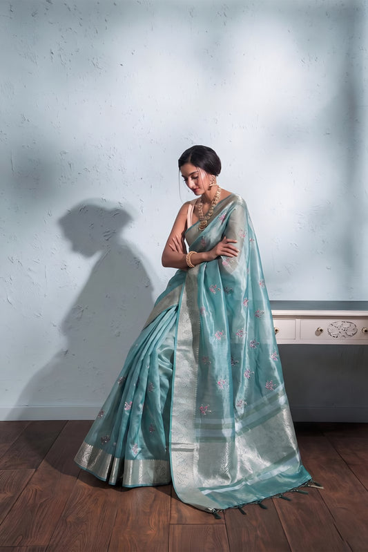 Multi-Thread Embroidery On Tissue Silk Banarasi · 16 Artisan Hours of work · The Rangriti Edit