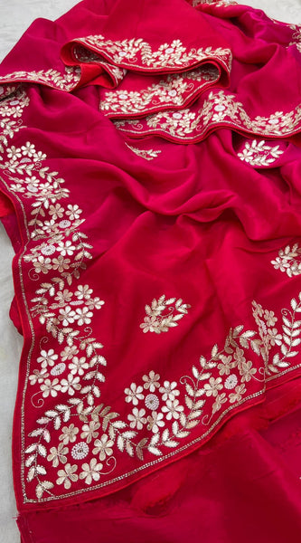 Pure Munga Silk Saree with Gotapatti, Zardozi, Kutdana and Pearl Work