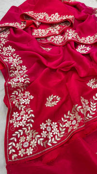 Pure Munga Silk Saree with Gotapatti, Zardozi, Kutdana and Pearl Work