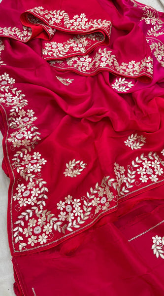 Pure Munga Silk Saree with Gotapatti, Zardozi, Kutdana and Pearl Work