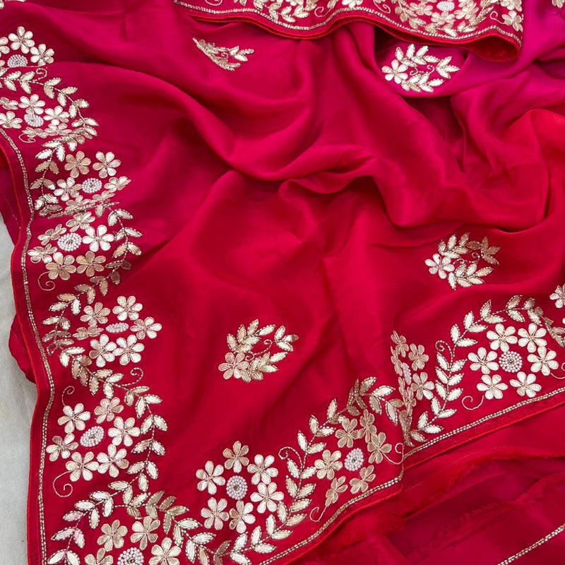 Pure Munga Silk Saree with Gotapatti, Zardozi, Kutdana and Pearl Work