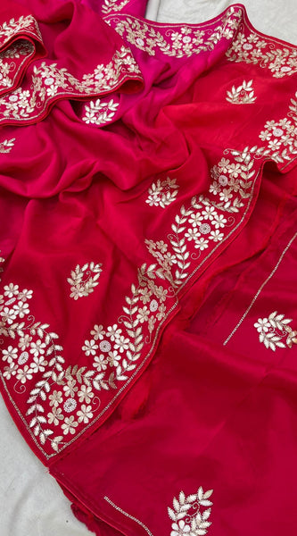 Pure Munga Silk Saree with Gotapatti, Zardozi, Kutdana and Pearl Work