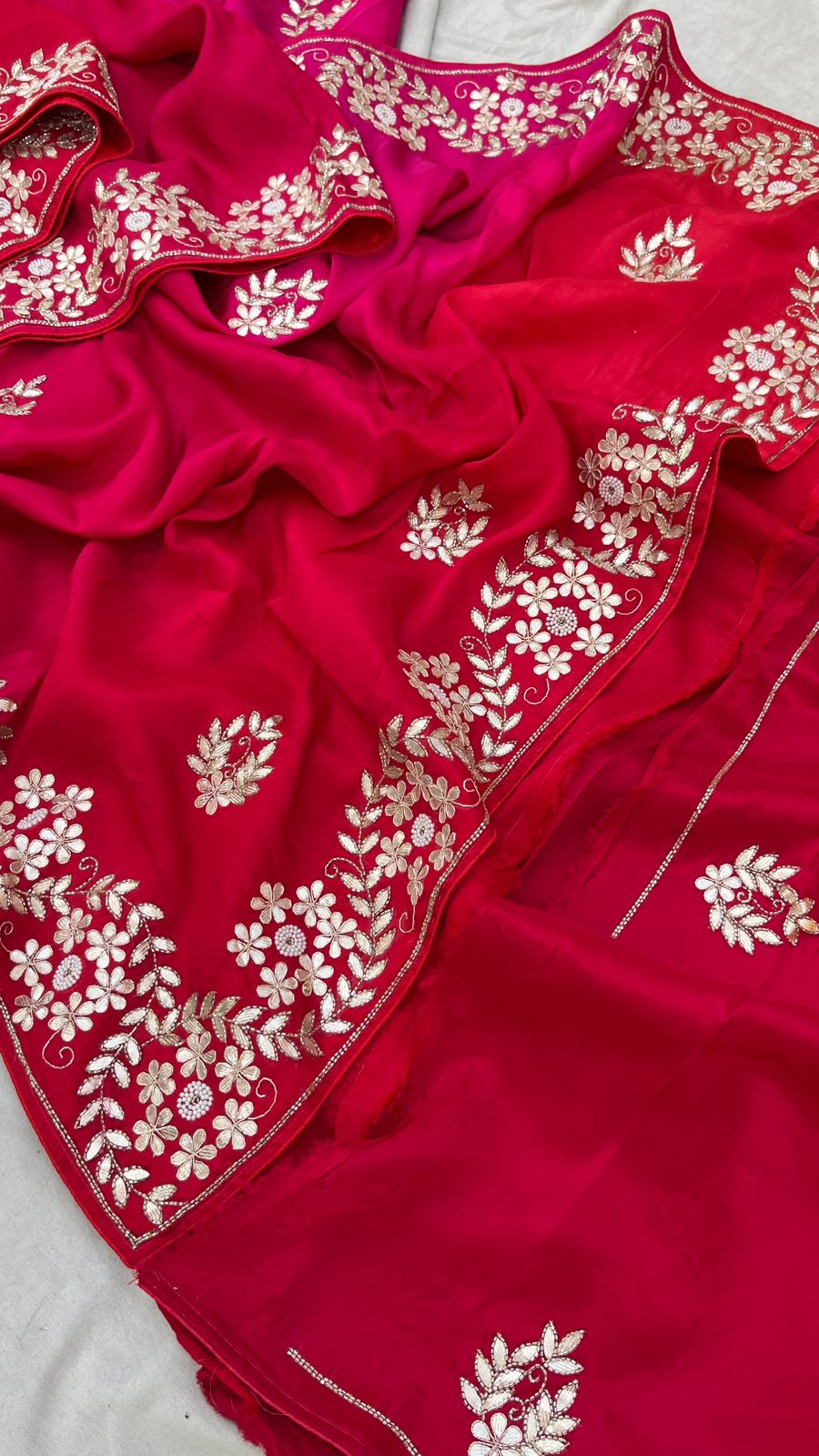 Pure Munga Silk Saree with Gotapatti, Zardozi, Kutdana and Pearl Work