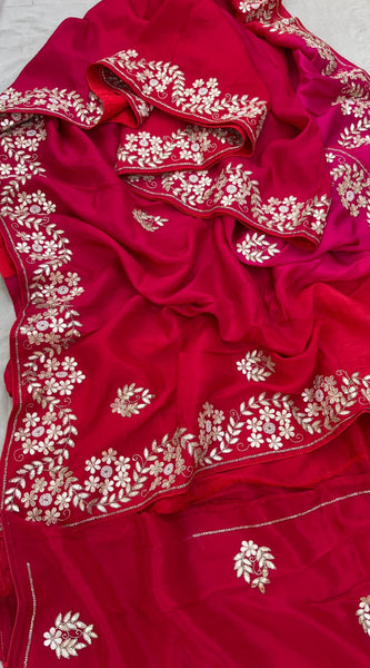 Pure Munga Silk Saree with Gotapatti, Zardozi, Kutdana and Pearl Work