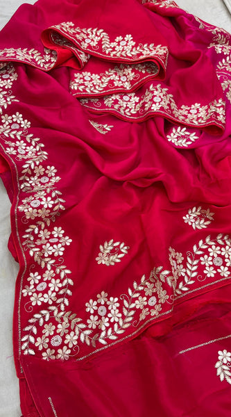 Pure Munga Silk Saree with Gotapatti, Zardozi, Kutdana and Pearl Work