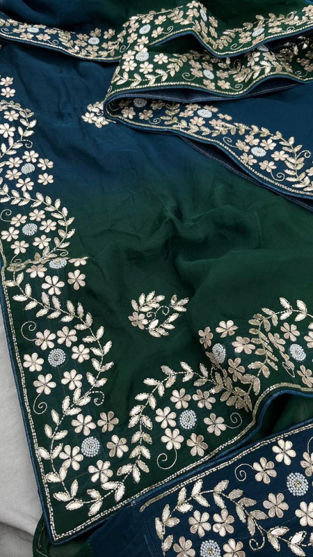 Pure Munga Silk Saree with Gotapatti, Zardozi, Kutdana and Pearl Work