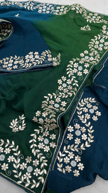 Pure Munga Silk Saree with Gotapatti, Zardozi, Kutdana and Pearl Work