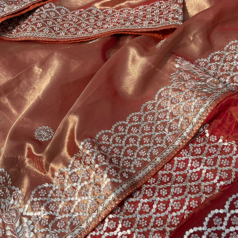 Pure Handloom Zari Tissue Silk Saree with Zardozi, Pearl, Sequins & Gotapatti Work