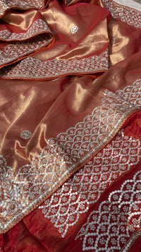 Pure Handloom Zari Tissue Silk Saree with Zardozi, Pearl, Sequins & Gotapatti Work