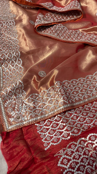 Pure Handloom Zari Tissue Silk Saree with Zardozi, Pearl, Sequins & Gotapatti Work