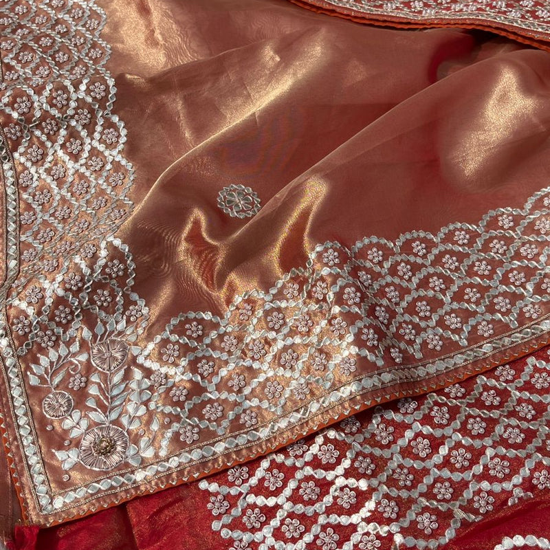 Pure Handloom Zari Tissue Silk Saree with Zardozi, Pearl, Sequins & Gotapatti Work