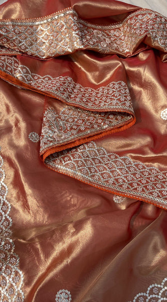 Pure Handloom Zari Tissue Silk Saree with Zardozi, Pearl, Sequins & Gotapatti Work
