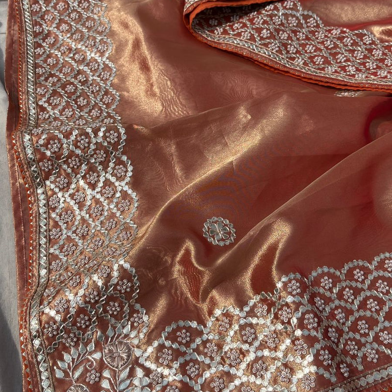 Pure Handloom Zari Tissue Silk Saree with Zardozi, Pearl, Sequins & Gotapatti Work
