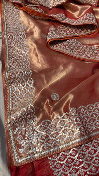 Pure Handloom Zari Tissue Silk Saree with Zardozi, Pearl, Sequins & Gotapatti Work