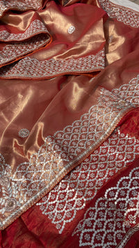 Pure Handloom Zari Tissue Silk Saree with Zardozi, Pearl, Sequins & Gotapatti Work