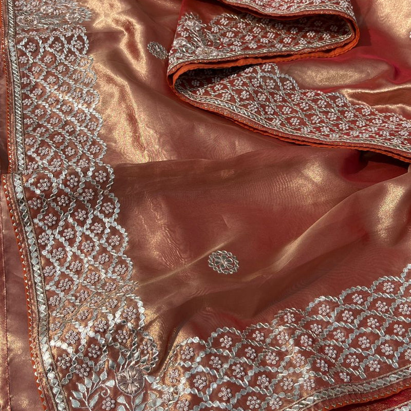 Pure Handloom Zari Tissue Silk Saree with Zardozi, Pearl, Sequins & Gotapatti Work