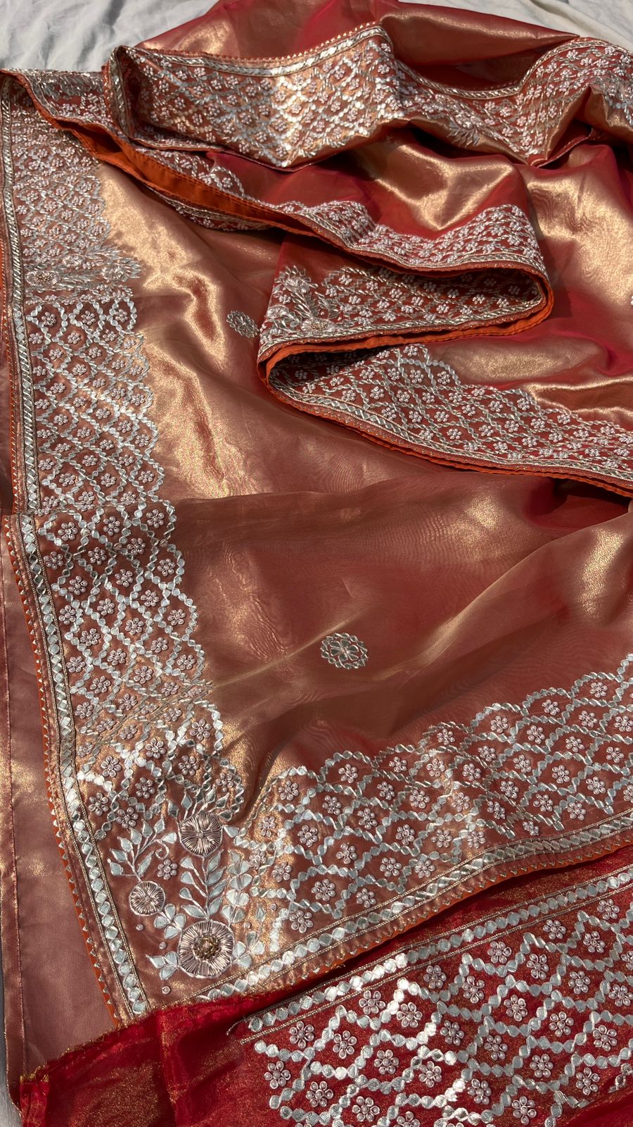 Pure Handloom Zari Tissue Silk Saree with Zardozi, Pearl, Sequins & Gotapatti Work