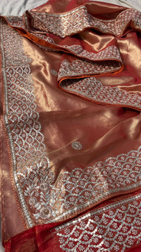 Pure Handloom Zari Tissue Silk Saree with Zardozi, Pearl, Sequins & Gotapatti Work