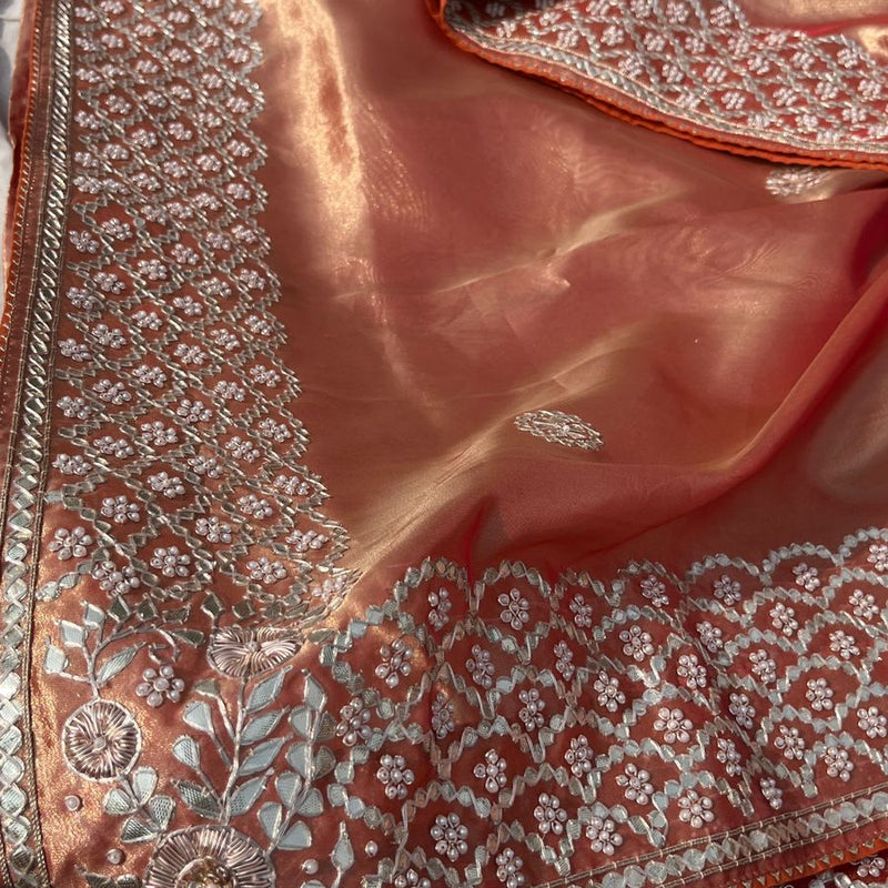 Pure Handloom Zari Tissue Silk Saree with Zardozi, Pearl, Sequins & Gotapatti Work