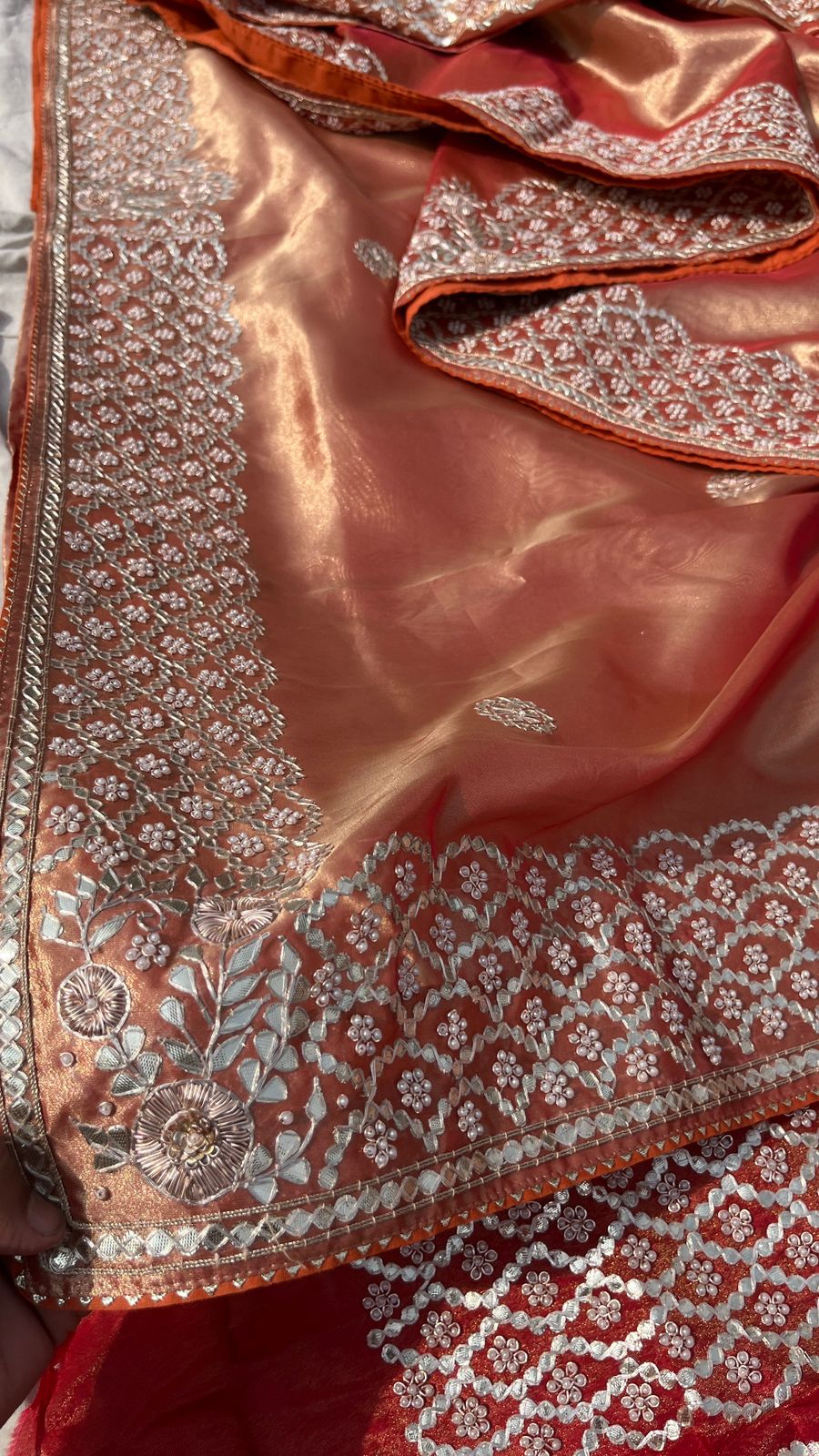 Pure Handloom Zari Tissue Silk Saree with Zardozi, Pearl, Sequins & Gotapatti Work