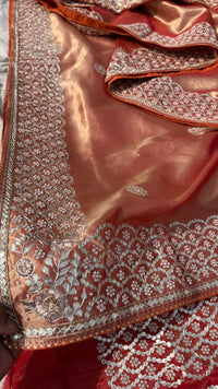 Pure Handloom Zari Tissue Silk Saree with Zardozi, Pearl, Sequins & Gotapatti Work
