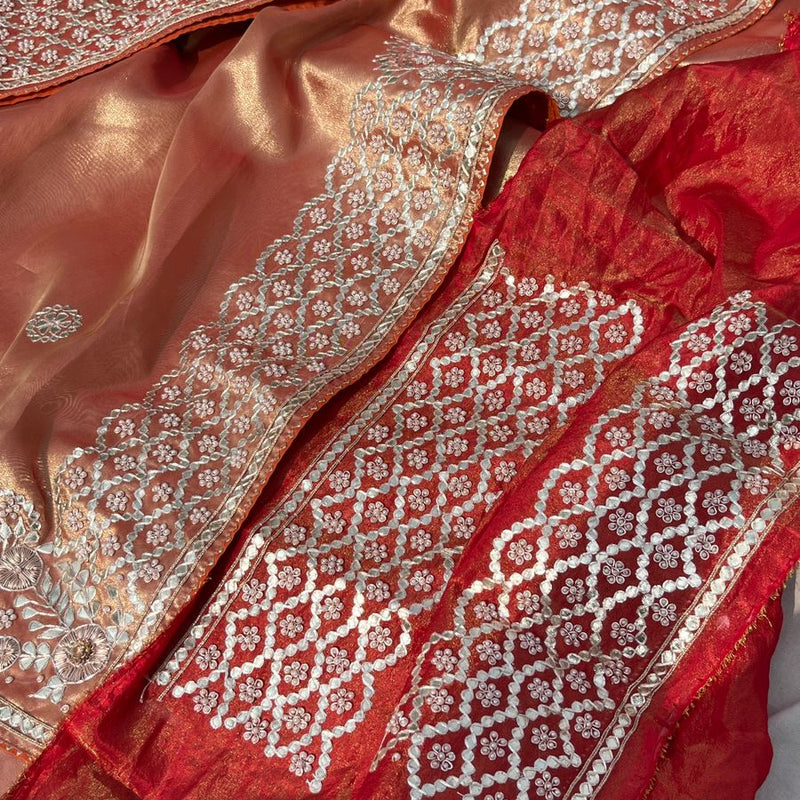 Pure Handloom Zari Tissue Silk Saree with Zardozi, Pearl, Sequins & Gotapatti Work