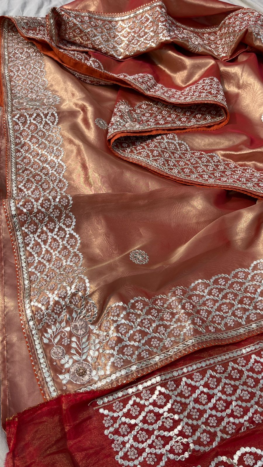Pure Handloom Zari Tissue Silk Saree with Zardozi, Pearl, Sequins & Gotapatti Work