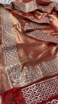 Pure Handloom Zari Tissue Silk Saree with Zardozi, Pearl, Sequins & Gotapatti Work