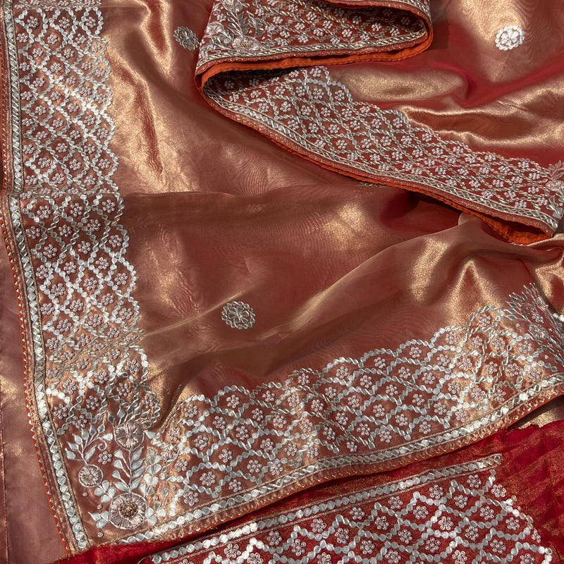 Pure Handloom Zari Tissue Silk Saree with Zardozi, Pearl, Sequins & Gotapatti Work