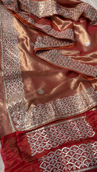 Pure Handloom Zari Tissue Silk Saree with Zardozi, Pearl, Sequins & Gotapatti Work