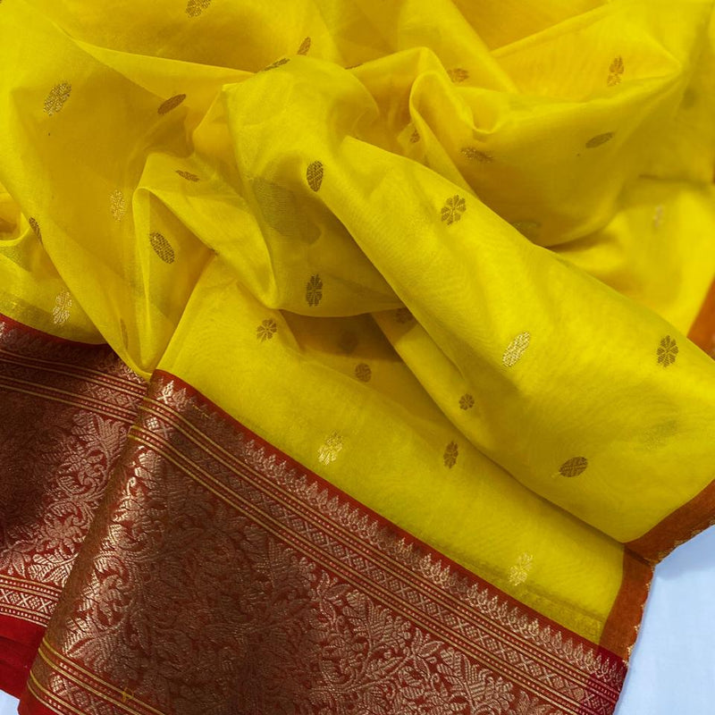 Chanderi Handloom Katan Organza Pure Silk Saree with Ghani Butti and Jakad Nakshi Border