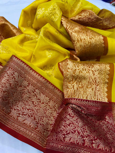 Chanderi Handloom Katan Organza Pure Silk Saree with Ghani Butti and Jakad Nakshi Border