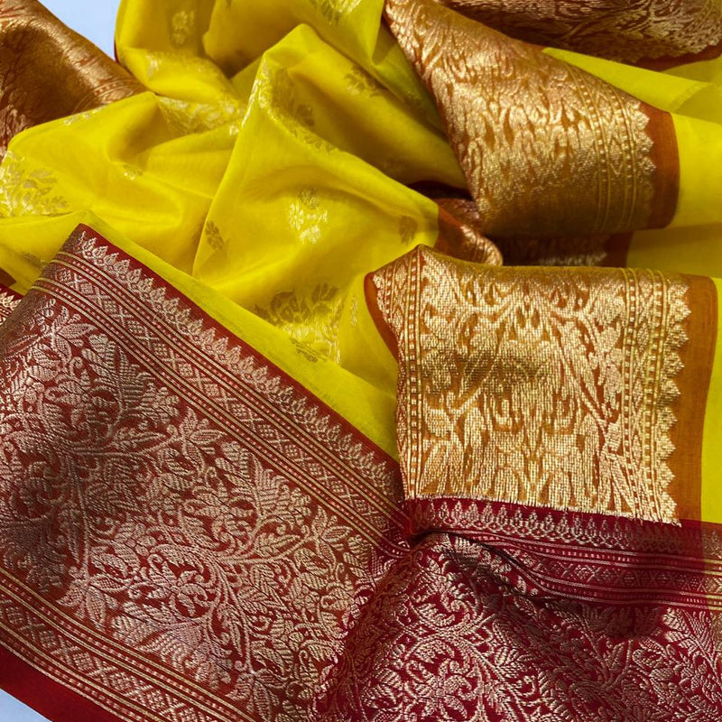 Chanderi Handloom Katan Organza Pure Silk Saree with Ghani Butti and Jakad Nakshi Border