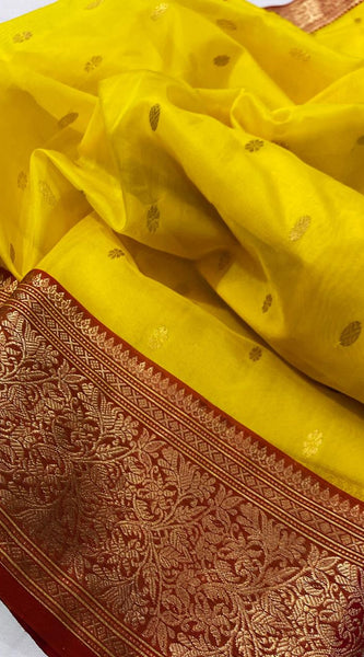 Chanderi Handloom Katan Organza Pure Silk Saree with Ghani Butti and Jakad Nakshi Border